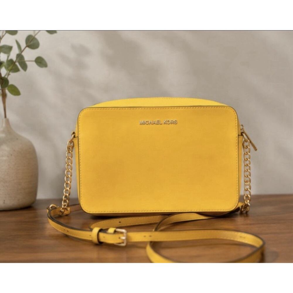 Michael Kors Jet Set Travel Yellow Saffiano Leather Crossbody Bag Gold Tone